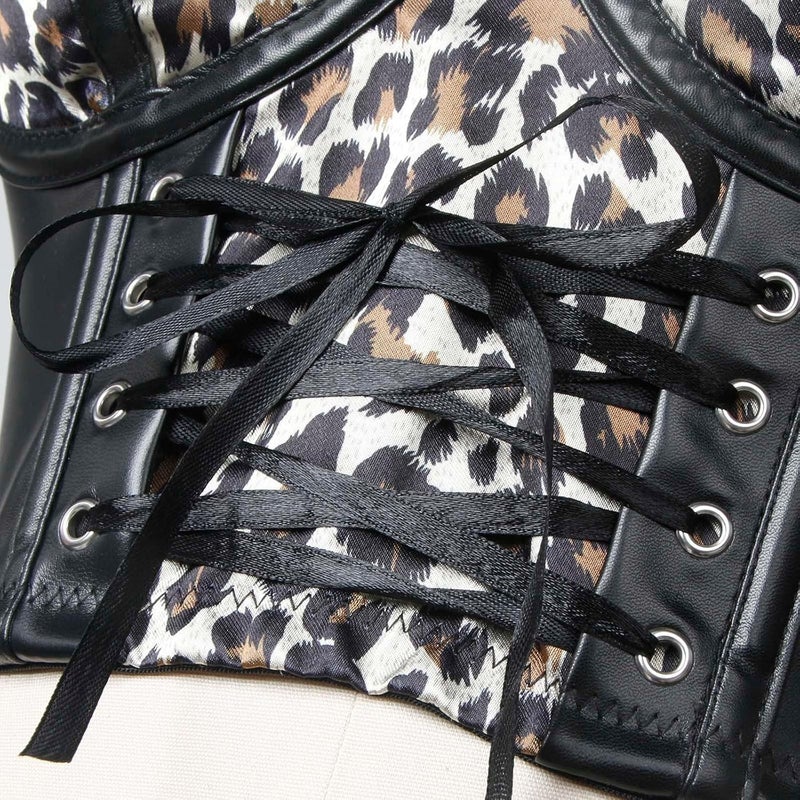 Charmian Women's Steampunk Goth PU Leather Leopard Clubwear Bustier Crop Top Bra - Image 5